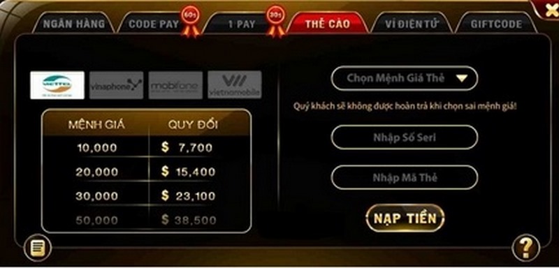 nạp thông qua thẻ card các nhà mạng