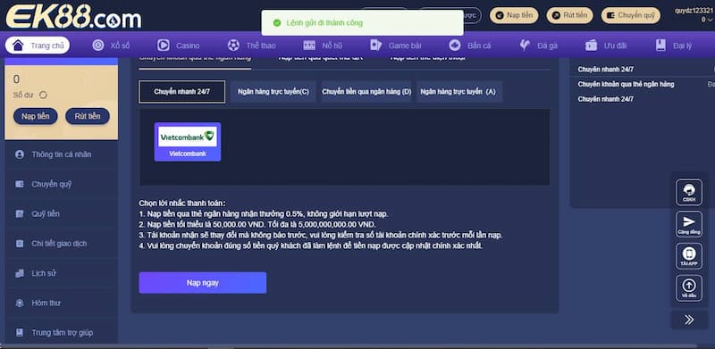 nạp tiền ek88 thực hiện qua ngân hàng
