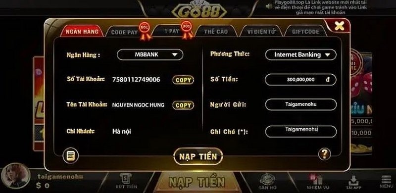 nạp tiền go88 club hình thức ngân hàng