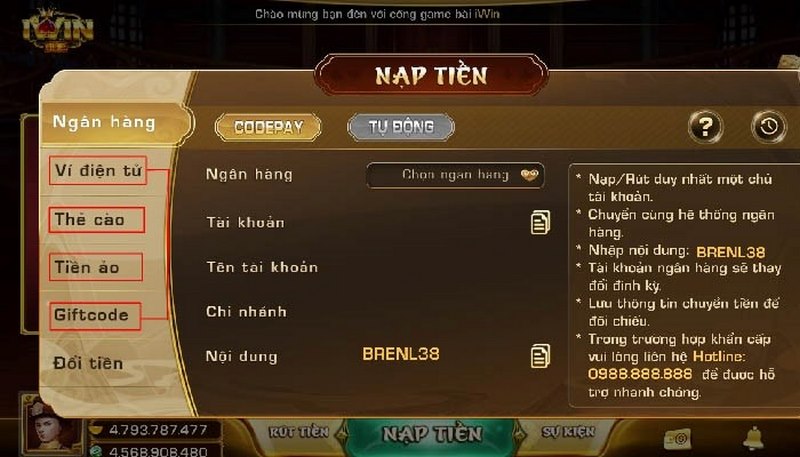 nạp tiền iwin qua ngân hàng