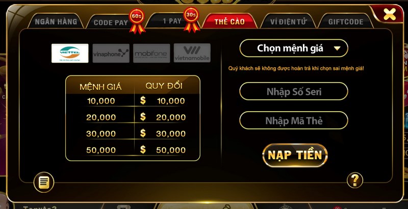 nạp tiền qua thẻ nạp vào hệ thống game