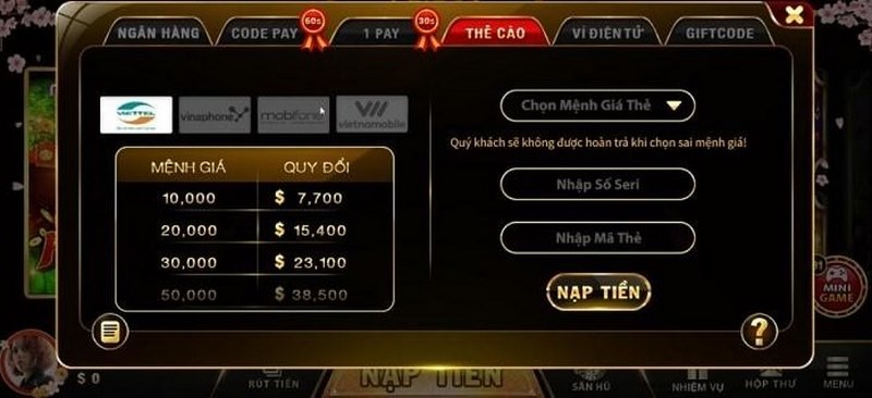 nạp tiền thông qua thẻ cào 