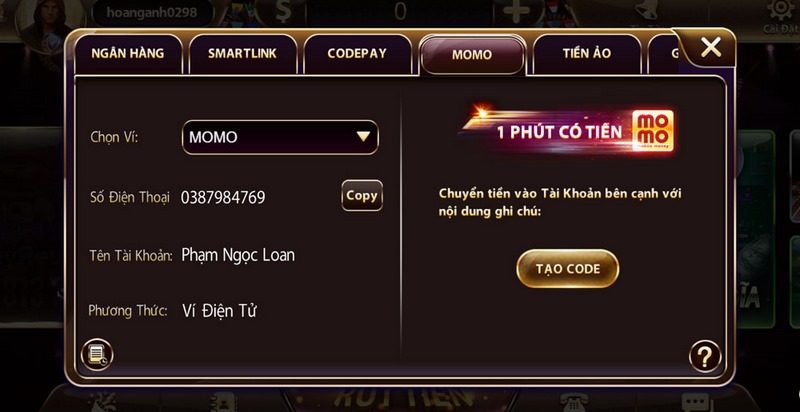 nạp tiền v8 club qua ví điện tử