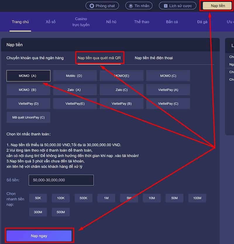 sử dụng momo để nạp ngay 