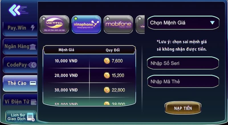 nạp tiền sum99 club bằng thẻ cào 